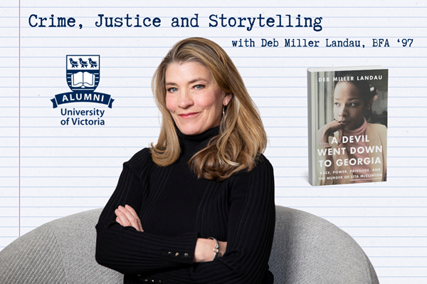 A background graphic of lined paper with a cutout portrait of Deb Miller Landau.