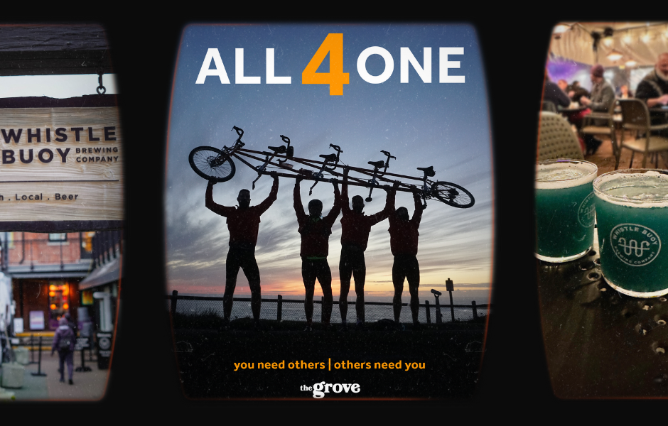 An image of silhouettes of 4 people holding a tandem bike up in the air. Above, is text that says All 4 One