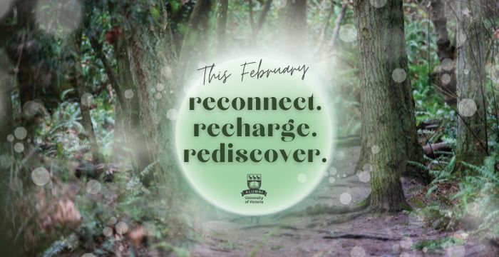 A forest background with a green circle graphic and text that says: reconnect, recharge, rediscover. The top says you're invited.