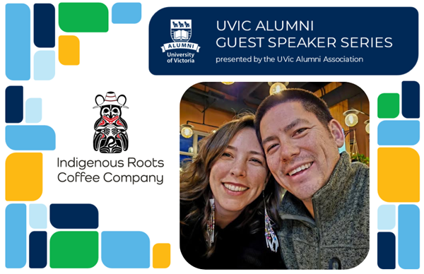 Two people smiling in a photo, graphics include multiple shapes in yellow green and blue and Indigenous Roots Coffee logo