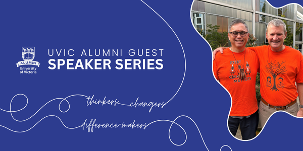 John and Joe standing in orange shirt day shirts on blue background