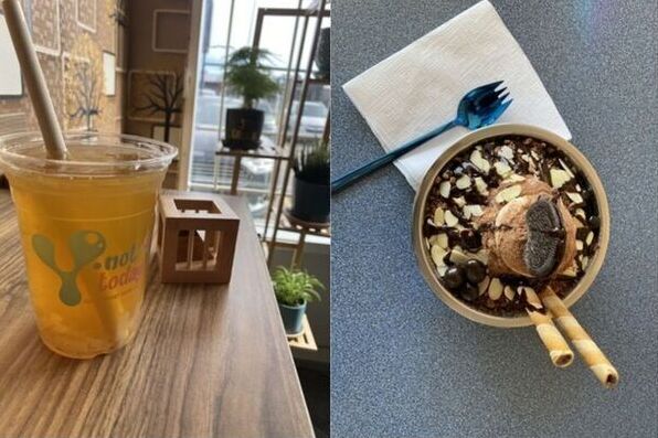 Two images side-by-side showing a drink and a puzzle on the left and a bowl of ice cream and toppings on the right