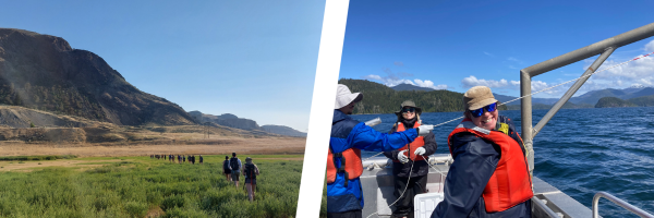 Photo 1: students walking towards a mountain, photo 2: three students on a boat