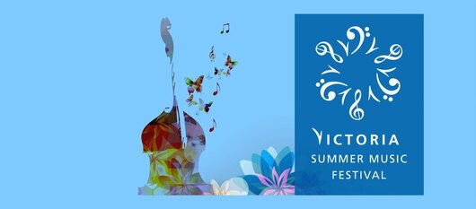 A blue background with ethe VSMF logo and and artistic elements of a violin and butterflies